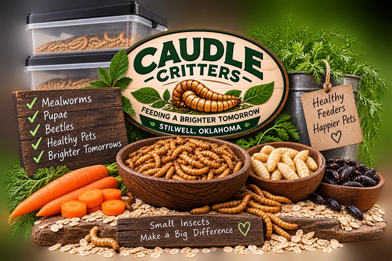 Mealworm growing bins at the Caudle Critters farm